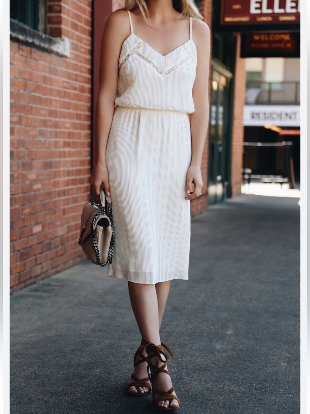Express Off-White Pleated Midi Dress with Crochet Trim Feminine Flowy Large